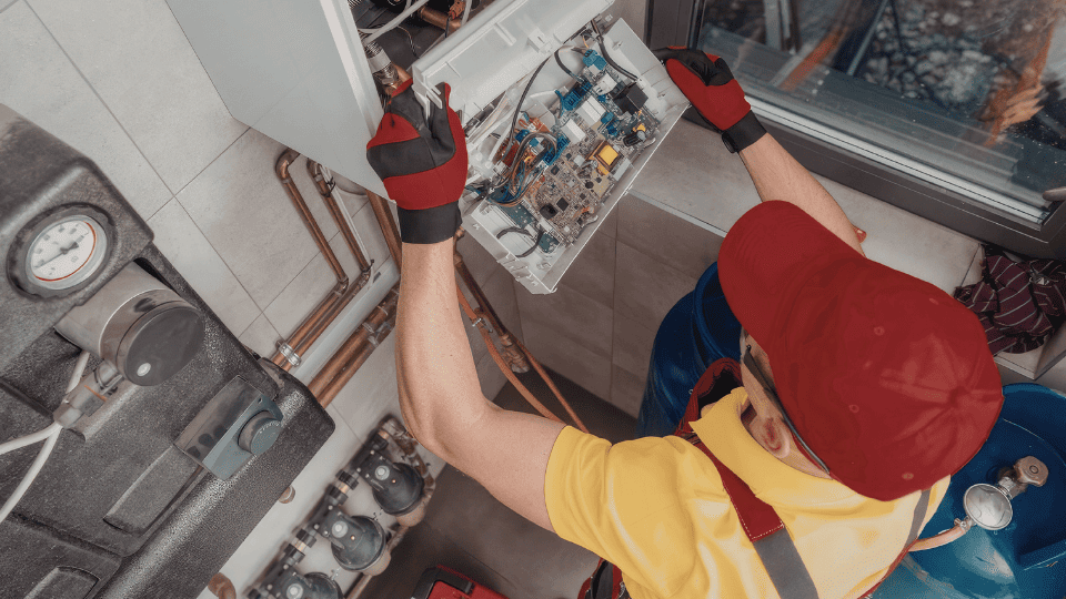 Carefree Air technician servicing a commercial rooftop unit in Suffolk County